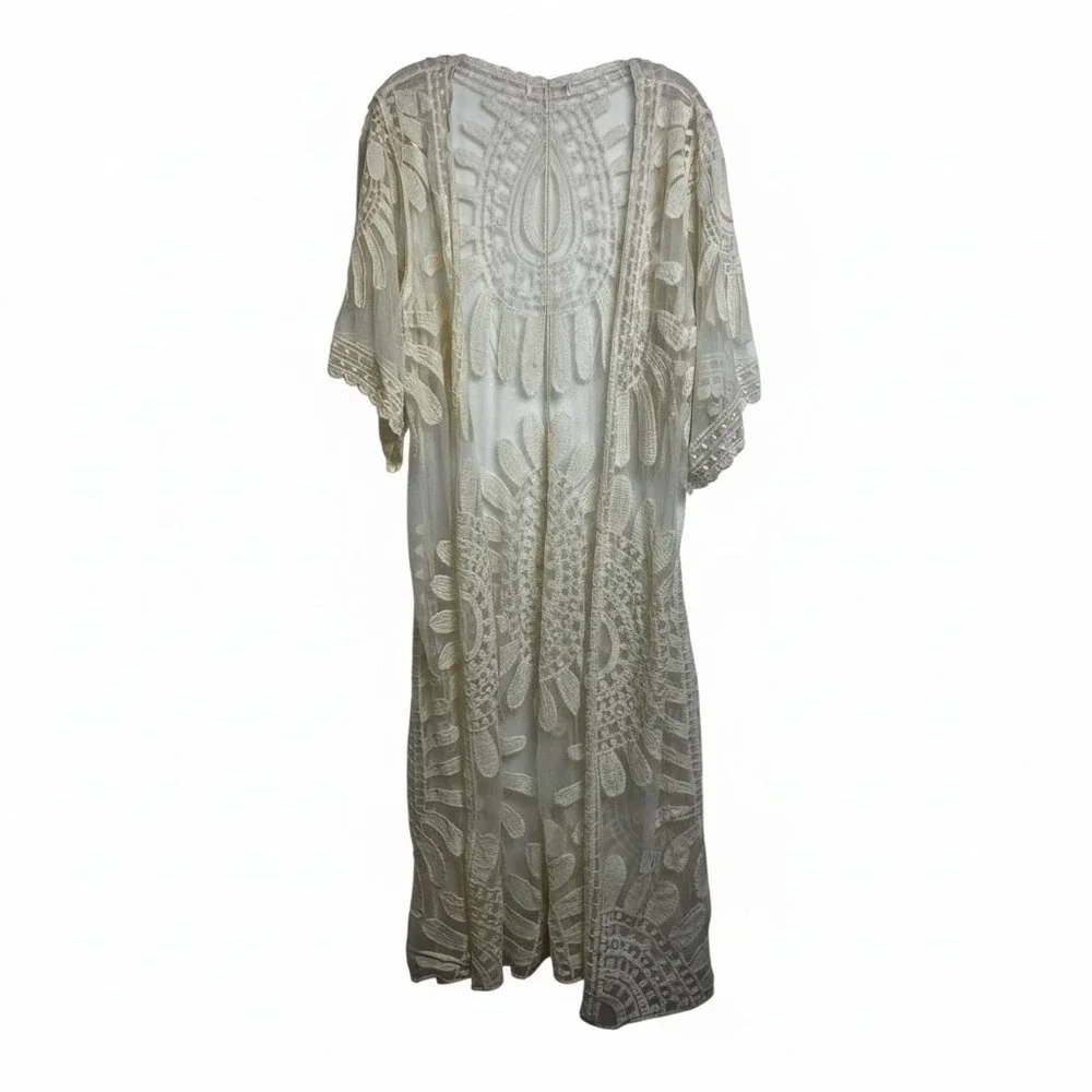 Cream Floral Lace Mesh Duster Cardigan Sheer Boho Longline Coverup One Size - Picture 6 of 6